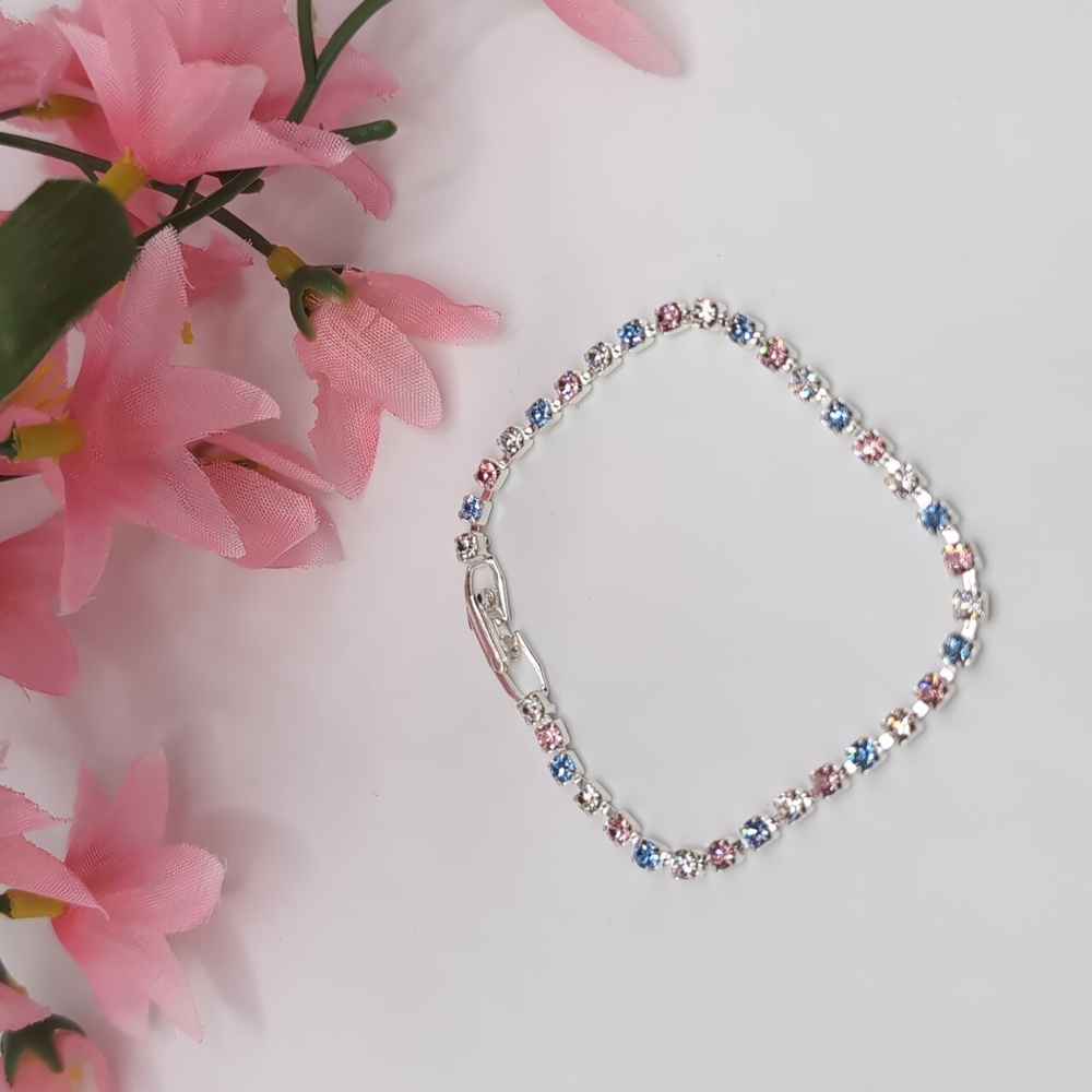 Tennis Bracelet Made With Sparkly Swarovski Crystals Silver Overlay Pink & Blue